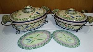 lot 754 image: Temp-Tations Oval Old World Confetti Serving Dishes (2) and glass trivets (2).