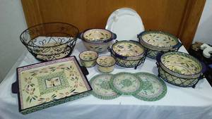 lot 760 image: Temp-Tations Old World Confetti Serving Dishes (5) with lids, Holders and glass trivets (3).