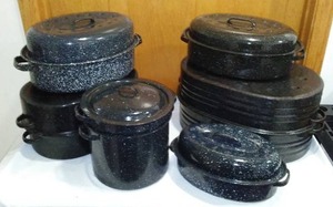 lot 785 image: Speckled Enamelware roasters and More.