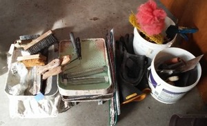 lot 64 image: Misc. Painting,  Tarp, Tools Trowels, Roller Pans, Frames And More.