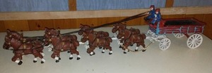 lot 120 image: VTG (8) Cast Iron Clydesdale Horses with Carriage, 2 Drivers, Dog