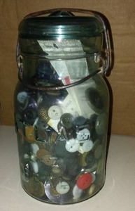 lot 138 image: Blue Bail Handle Jar with Vintage Buttons