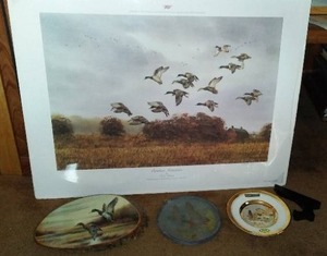 lot 150 image: Collection of 3 Decorative Duck Art Plates and a Signed Print by R.J. Nelson