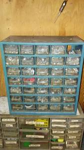 lot 195 image: Vintage Parts and Fasteners Storage Cabinet with Assorted Hardware