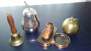 lot 217 image: Bronze, Brass and Silver Plated. Vintage Decorative Items - Bell, Boot, Pear, Apple
