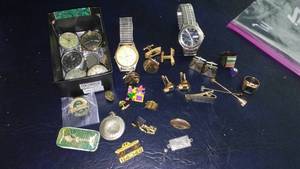 lot 221 image: Lot of Vintage Watches, Pins, and Jewelry Including Cufflinks and10K Gold Ring.