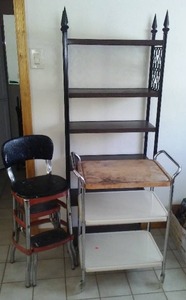 lot 245 image: Vintage Metal and Wood Serving Cart, Stool and Shelving Unit.