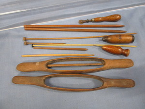 lot 122 image: Wooden Shuttles, Hook, Awls