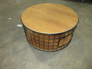lot 344 image: GUS COFFEE TABLE WITH WOOD TOP AND BLACK METAL CAGE BASE