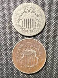 lot 47 image: 2 US SHIELD NICKELS
