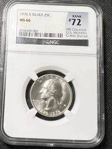 lot 56 image: 1976-S SILVER QUARTER NGC MS66