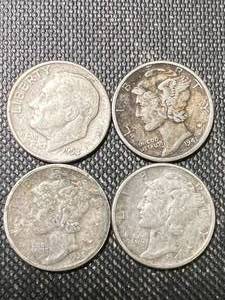 lot 72 image: 3 US MERCURY DIMES WITH A SILVER ROOSEVELT DIME