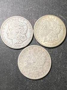 lot 80 image: 3 US MORGAN SILVER DOLLARS ALL 1921