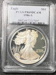 lot 02A image: 1986-S PROOF AMERICAN SILVER EAGLE PCGS PR69DCAM