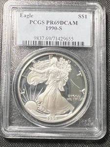 lot 19A image: 1990-S PROOF AMERICAN SILVER EAGLE PCGS PR69DCAM