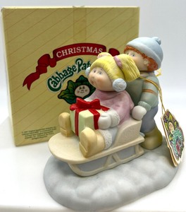 Vintage 1984 CABBAGE PATCH Holiday Sleigh Ride Porcelain Figurine w Xavier Roberts Signature, MIB