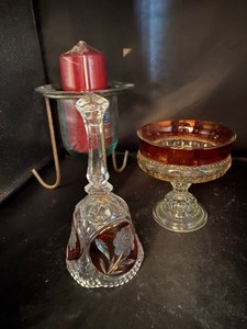 lot 17 image: Vintage Hurricane, Red glass bell and more