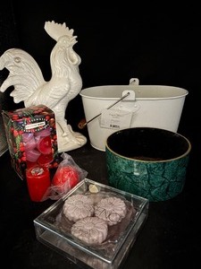 lot 41 image: Ceramic Rooster, Mini Candles and more