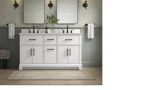 lot 4 image: Open Box Like New Kohler Chulton 60 bathroom vanity cabinet with sinks and quartz top