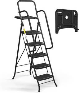 lot 88 image: SocTone 5 Step Ladder with Handrails, Folding Step Stool with Tool Platform, Sturdy& Portable Steel Ladder for Adults, 330LBS Capacity
