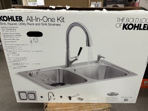 lot 130 image: Kohler R75791-2PC-NA All-in- One Dual-Mount Double Bowl Kitchen Sink Brushed Stainless - No Faucet - damaged sink see pictures