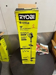 lot 133 image: Ryobi 30cc 4 Cycle Straight Shaft String Trimmer  Weed Whip - Unused but has damaged end - see pictures
