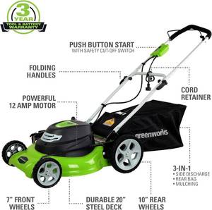 lot 55 image: Greenworks 20 Electric Corded Lawn Mower Model # 25022 with Grass  Leaf Bagger