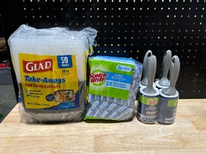 Food Storage Containers, Scotch Brite Sponges, Lint Rollers