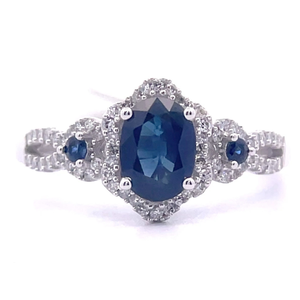 1.26 Carat Blue Sapphire & Natural Diamond Three-Stone Halo Split Shank Infinity Ring in 14k White Gold $2,210 Retail VIDEO