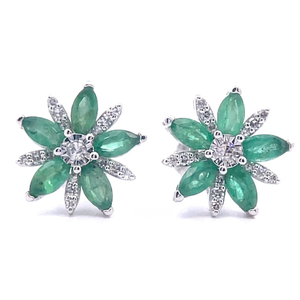 0.15 Carat Natural Diamond & Emerald Cluster Flower Bloom Stud Earrings in White Gold $1,399 Retail VIDEO