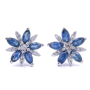 0.15 Carat Natural Diamond & Blue Sapphire Cluster Flower Bloom Earrings in White Gold $1,399 Retail VIDEO