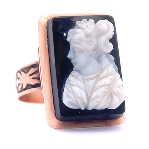 Antique Estate Portrait Cameo Onyx Tablet Engraved Ring in Rose Gold $750 Retail