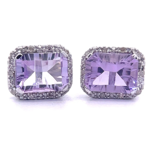 Emerald Cut Amethyst & Natural Diamond Halo Stud Earrings in White Gold