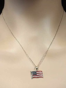 USA Enamel Flag Pendant 18 Necklace in Yellow Gold - Patriotic Jewelry Red, White and Blue