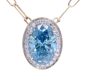 3.20 Carat Oval Fancy Blue & White Diamond Halo Pendant & Paperclip Necklace in 14k Yellow Gold $6,299 Retail