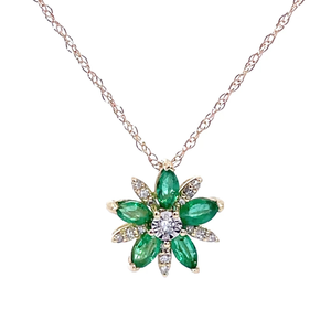 Natural Diamond & Emerald Cluster Flower Bloom Pendant Necklace in Yellow Gold $999 Retail