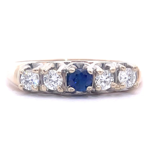 0.43 Carat Blue Sapphire & Natural Diamonds VS-Five-Stone Anniversary Ring in 14k Yellow Gold VIDEO