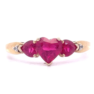 Three-Stone Heart Ruby & Natural Diamond Ring in Yellow Gold