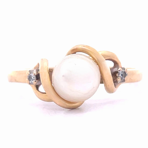White Cultured Pearl & Natural Diamond Three-Stone Infinity Ribbon Ring in 14k Yellow Gold $879 Retail