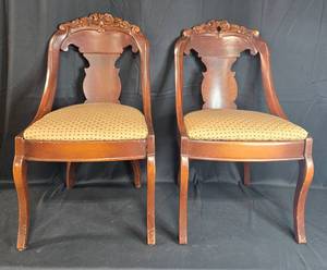 lot 8 image: Pair of Vintage Ornate Wooden Dining Chairs with Upholstered Seats