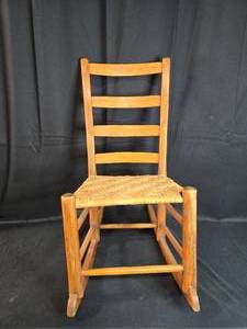 lot 10 image: Vintage Wooden Rocking Chair with Woven Seat