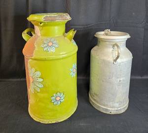 lot 14 image: Pair of Vintage Milk Cans - One Decorated Green, One Metal