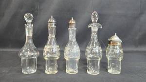 lot 28 image: Set of 5 Vintage Glass Salts and Peppers with Silver Lids