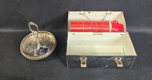 lot 29 image: Vintage Leonard Silver Plate Crystal Serving Tray with Thermos and Toolbox