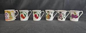 lot 48 image: Collection of 6 Floral Fine China Cups - Queen Elizabeth II Commemorative and Fruit Designs