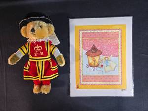 lot 64 image: Merrythought Plush Bear in Royal Guard Outfit with Art Print
