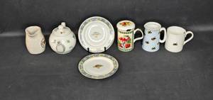 lot 67 image: Collection of 8 Vintage Decorative Ceramic Pieces - Including Teapot, Plates, and Mugs