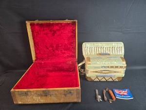 lot 70 image: Rafaelli Vintage Accordion with Red Velvet Case and Accessories