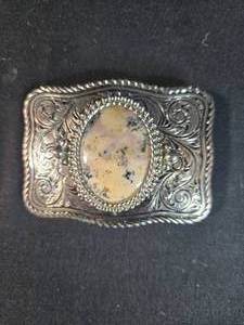 lot 84 image: Vintage Silver Tone Brooch with Unique Natural Stone Inlay - Ornate Design