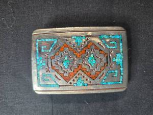 lot 85 image: Vintage Southwestern Style Silver Tone Overlay Belt Buckle with Turquoise and Coral Inlay